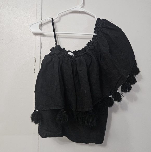 Misa Los Angeles Tops - Misa Black One Shoulder Cropped Top!